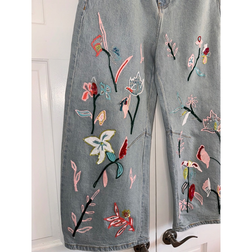 Pilcro Embroidered Bowed Slouch High-Rise Jeans Petite 29P Light Wash Floral - Picture 5 of 8
